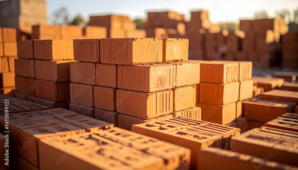 Obraz premium Warm sunlight illuminates piles of redbricks, essential materials for modern construction and building industry development.