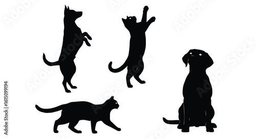 Vector silhouette illustration playful silhouettes of cats and dogs captured in various dynamic poses against a white backdrop