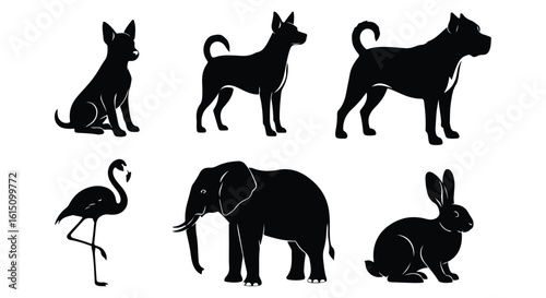 Vector silhouette illustration silhouettes of a dog and an elephant, representing domestic and wild animals, isolated on white