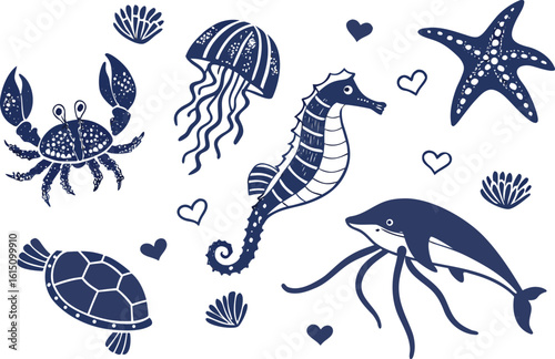 This cute, seamless vector pattern features a set of cartoon fish and other sea animals for an underwater ocean life illustration