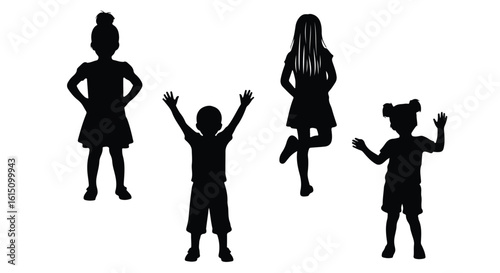 Vector silhouette illustration silhouettes of a happy boy with arms raised and a girl standing on a white background