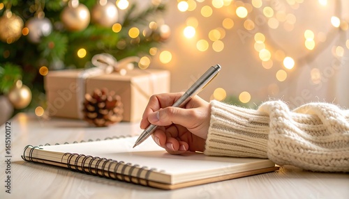 Woman writing in a notebook near a Christmas tree