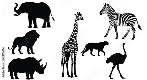 Vector silhouette illustration diverse african animal silhouettes featuring a giraffe, elephant, rhino, panther, and zebra