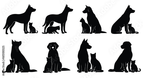 Vector silhouette illustration silhouettes of dogs and cats in various poses, showcasing their companionship