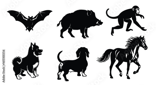 Vector silhouette illustration silhouettes of a wild boar and a dachshund dog, representing wildlife and domestic animals