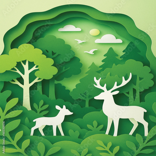 Paper Cut Style Forest Scene with Deer – Eco Nature Concept Illustration

