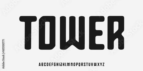 Condensed impact alphabet, bold tall font, strong command sans typeface for army logo, urban sport headline, industrial poster typographic design, techno typography,exciting game title Vector typeset.
