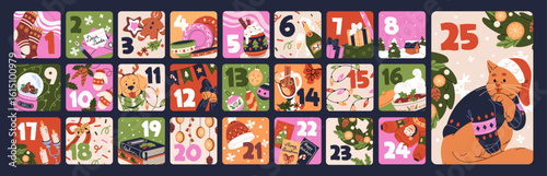 Design of Christmas advent calendar with winter holiday items. Template with ornaments and figures to countdown days until Xmas. Cute layout for presents, gifts, surprises. Flat vector illustration