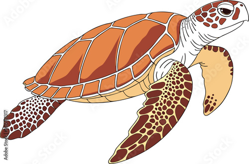 Vector cartoon illustration of a tropical sea turtle with a vibrant shell swimming underwater amidst marine life