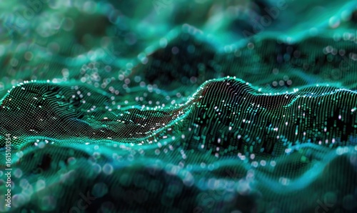 Teal digital terrain abstract rendering with data particles and wavy surface