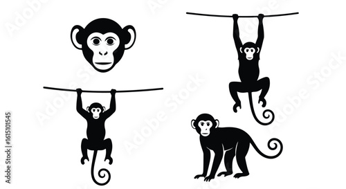 Vector silhouette illustration various monkey silhouettes, including a face and primates hanging from a branch, isolated on white