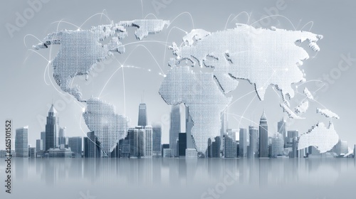 Fototapeta Naklejka Na Ścianę i Meble -  Global Skyline: A stylized representation of a global cityscape, fusing a modern cityscape with an outline of the world map, highlighting the interconnectedness of urban environments.
