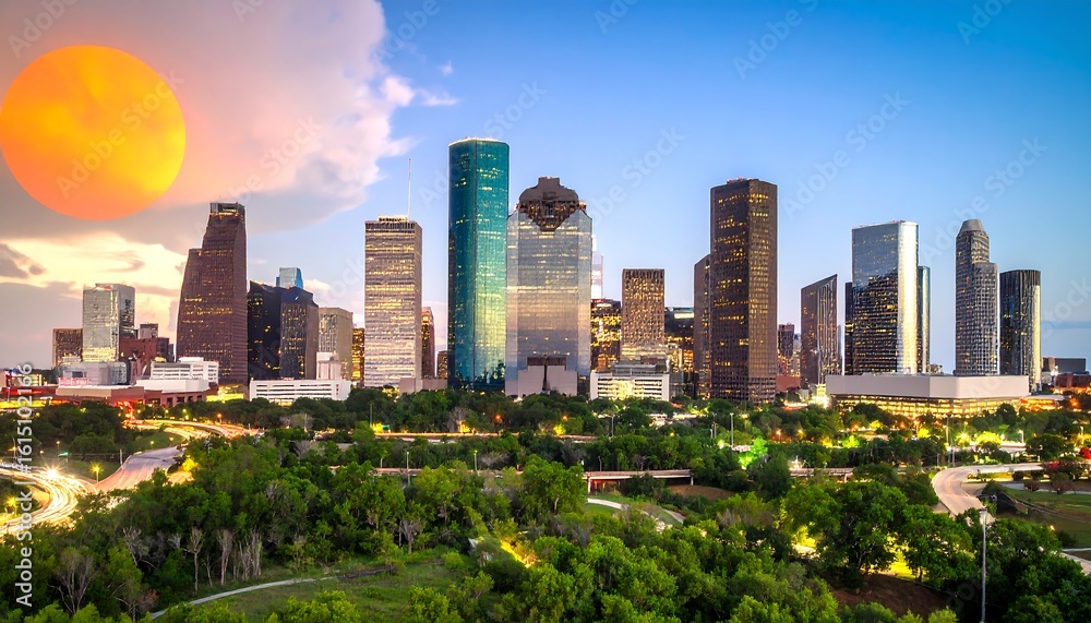 Fototapeta premium Panoramic city skyline at sunset