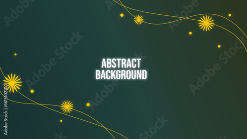 Minimalist Green Frame with Golden Flower and Line Decoration Element. Abstract Background. Dandelion flower background