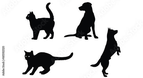 Vector silhouette illustration silhouettes of a dog and a cat in different poses, representing pets and companions