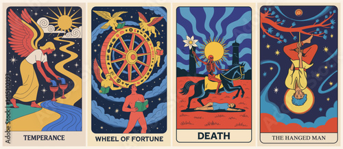 Vector illustration set of tarot cards, The Temperance, Death, Hanged Man, Wheel of Fortune. Mystic art design for divination, esoteric themes, and spiritual decor.