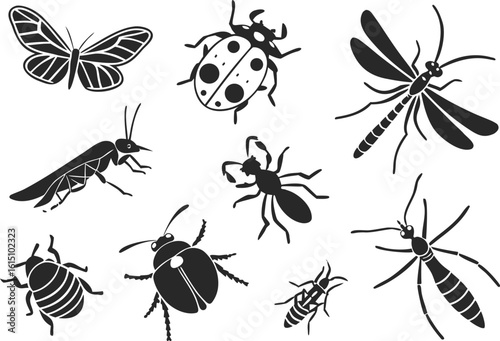 Seamless vector illustration set of insect, spider, and bug silhouettes, including ant, bee, mosquito, fly, butterfly, beetle, and dragonfly for nature and animal collections