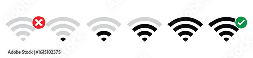 Wi-Fi Wireless Internet Signal Strength Icons Set, Wireless Internet Connection. Internet No Signal to Full Signals. Vector Illustration.