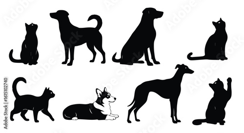 Vector silhouette illustration a diverse group of dog silhouettes showcasing various breeds and poses