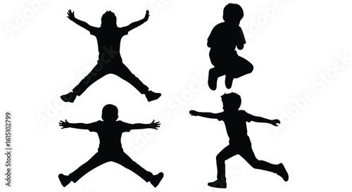 Vector silhouette illustration dynamic silhouettes of children captured in energetic poses, jumping and playing