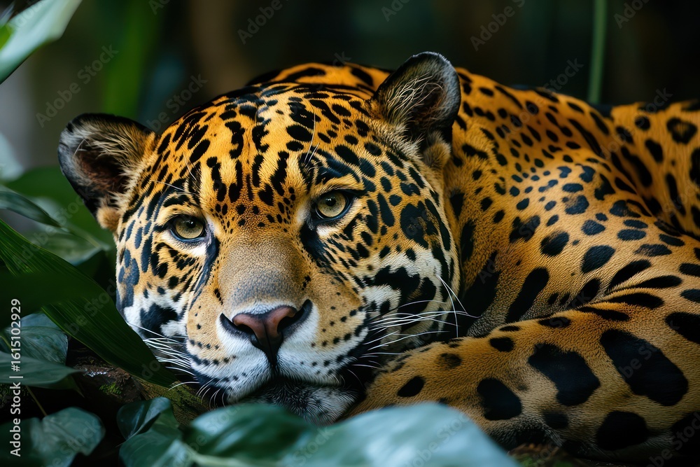 Obraz premium Jaguar resting with intense gaze and rosettes