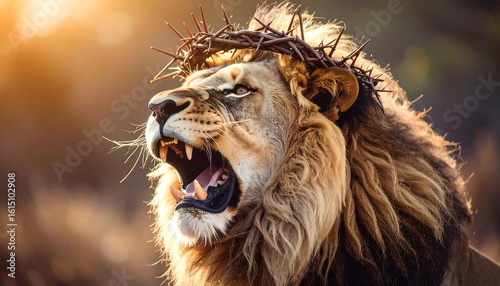 Lion with crown of thorns, roaring
