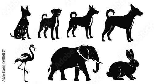 Vector silhouette illustration diverse dog breeds and an elephant depicted as black silhouettes on a white background