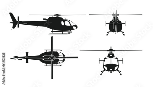 Detailed Technical Illustration: Helicopter Orthographic Views - Side, Front, Top, Rear