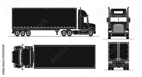 Detailed Illustration of a Semi-Truck, showcasing Front, Side, Top and Back views