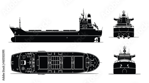 Detailed blueprint of a general cargo vessel, including front, side, and top views.