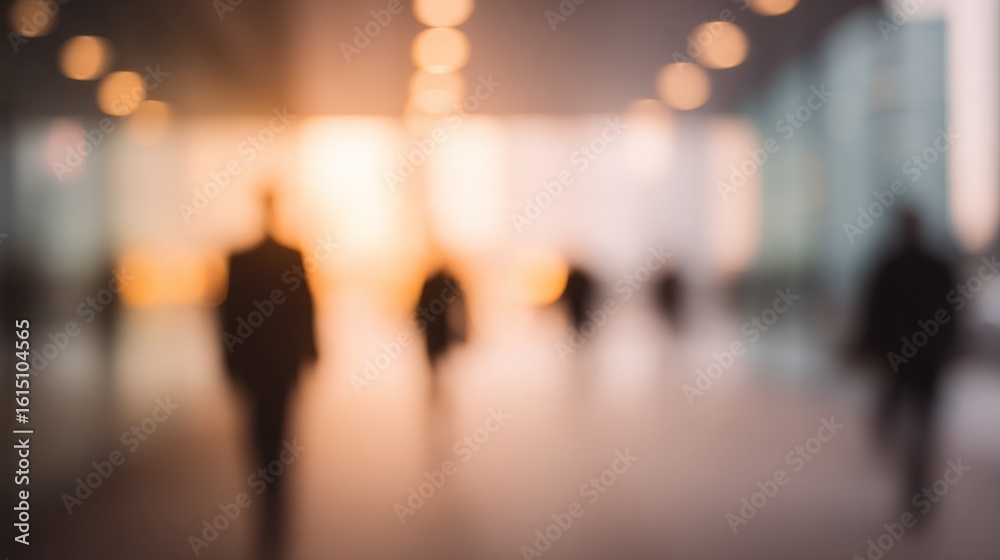Fototapeta premium Blurred Silhouettes Of People Walking In A Modern Urban Environment With Warm Sunset Background For Digital Use And Print Media