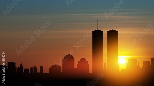 New York skyline silhouette with Towers at sunset. 09.11.2001 American Patriot Day video.
