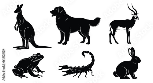 Vector silhouette illustration silhouettes of a golden retriever dog and a scorpion on a white background