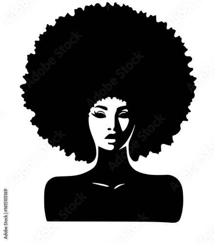 Striking black silhouette of a woman with a voluminous afro hairstyle and expressive eyes isolated on transparent background silhouette