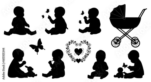 Collection of adorable baby silhouettes including vintage prams playing babies with toys and butterflies all isolated on transparent background silhouette