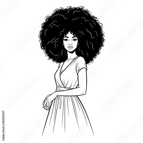 Striking black and white silhouette of a beautiful woman with voluminous afro hairstyle and hoop earrings isolated on transparent background