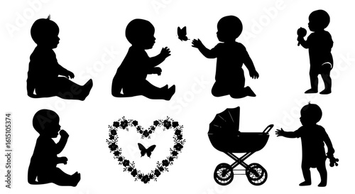 Collection of adorable baby silhouettes including vintage prams playing babies with toys and butterflies all isolated on transparent background silhouette