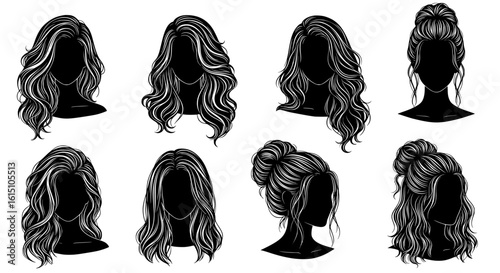 Collection of detailed black and white silhouette illustrations of elaborate long curly hairstyles displayed on busts isolated on transparent background silhouette