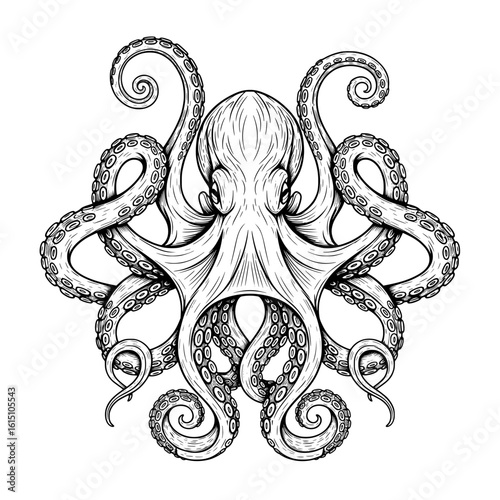A striking black silhouette of a playful octopus with curly tentacles and wide eyes isolated on a transparent background showcasing its unique marine life form isolated on transparent background