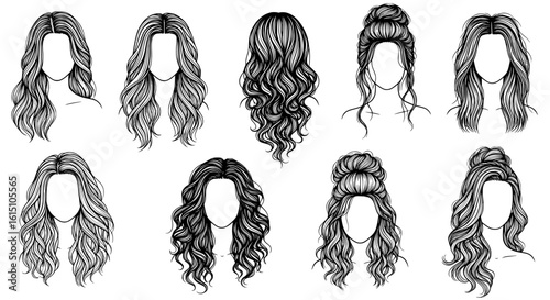 Collection of detailed black and white silhouette illustrations of elaborate long curly hairstyles displayed on busts isolated on transparent background silhouette