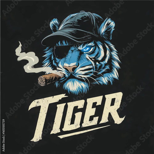 Cool Blue Tiger with Cigar Wearing a Cap and an Eye Patch Detailed Illustration Design for TShirts and Prints