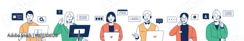 Operators of call center set. Service of technical support and help. Workers of hotline, helpdesk communicate with clients by headset. Flat isolated outline vector illustrations on white background