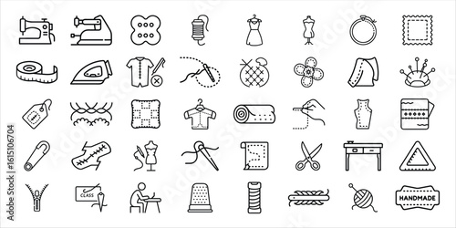 Collection of hand drawn sewing and craft icons with a sketchy style
