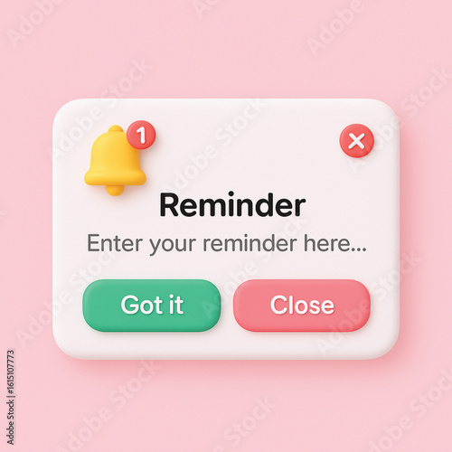 3D Reminder Notification Popup with Bell Icon and Action Buttons – UI Alert Design on Pink Background