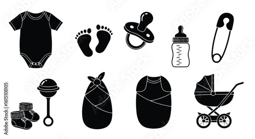 Vector silhouette illustration baby essentials including footprints, pacifier, bottle, and swaddled infant