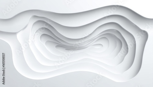 White layered abstract shapes cascade inward, creating a depth effect resembling topographic contours or organic forms. Soft shadows define each layer against a neutral backdrop