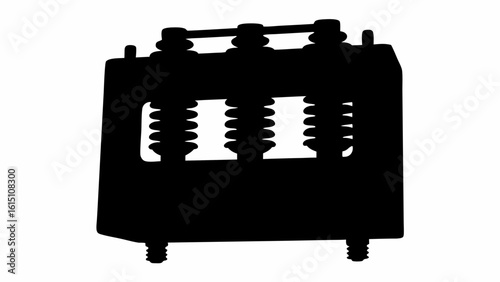 Silhouette of a three phase transformer with visible insulators and mounting hardware on a white background