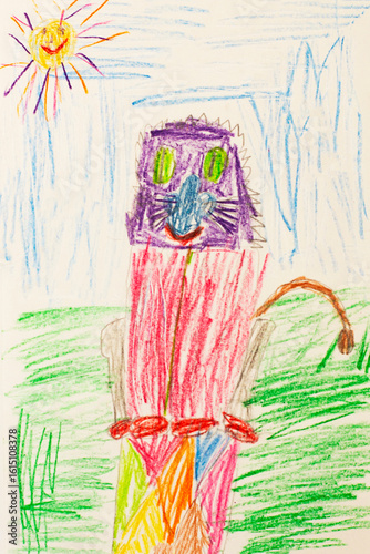 A strange circus animal on a pedestal in the middle of a meadow. Real drawing of a small child. Drawing by pencil.