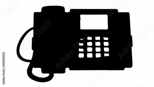 Silhouette of a black landline phone with a display screen and keypad on a white background image