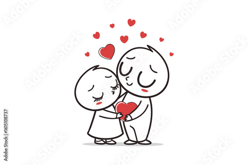 Cute cartoon couple embracing with hearts floating above them a sweet gesture of love and affection isolated on white background silhouette